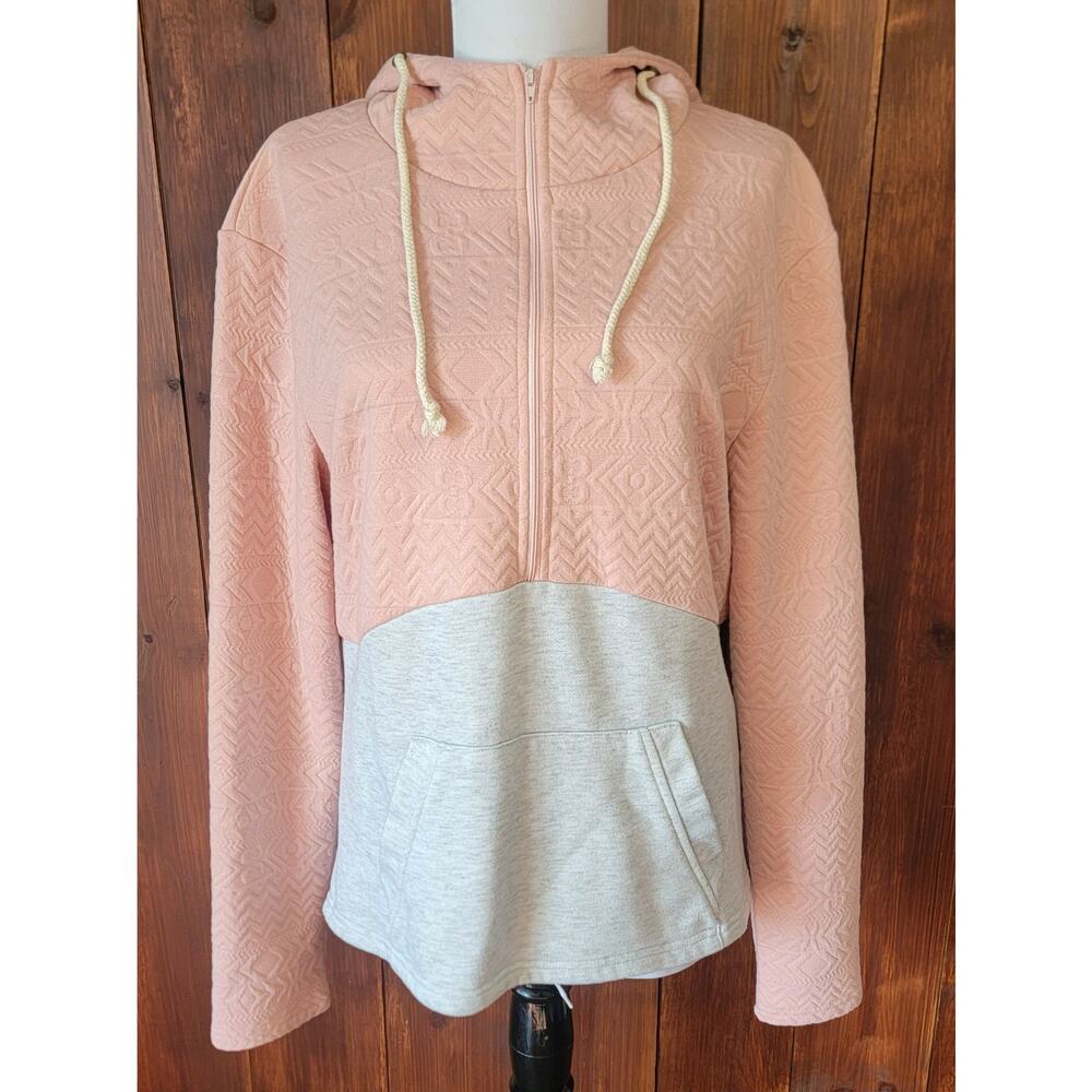 ANDTHEWHY Women M Pink & Gray Quilted Hoodie Sweater Half Zip Pullover Cozy Chic